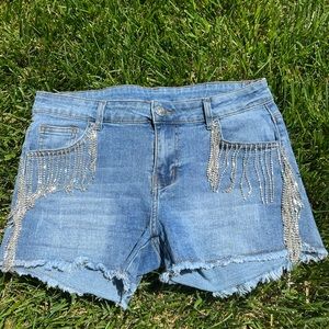 VOCAL Distressed Denim Shorts with Rhinestone Fringe Detailing